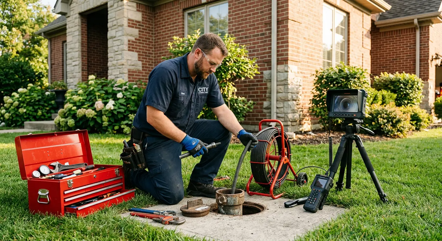 Sewer specialist with camera equipment servicing a cleanout in Mattoon