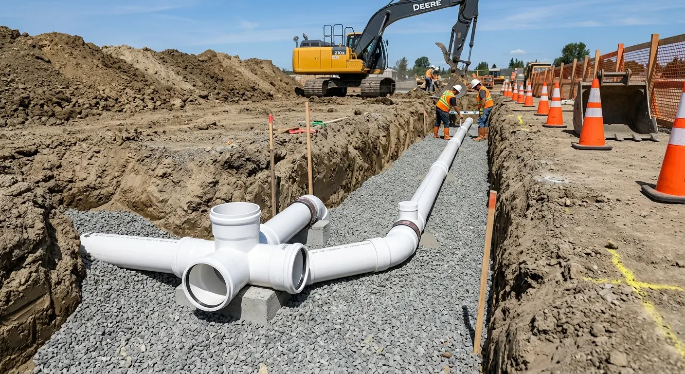 New PVC sewer pipe installation in open trench for Sewer Backup in Mattoon