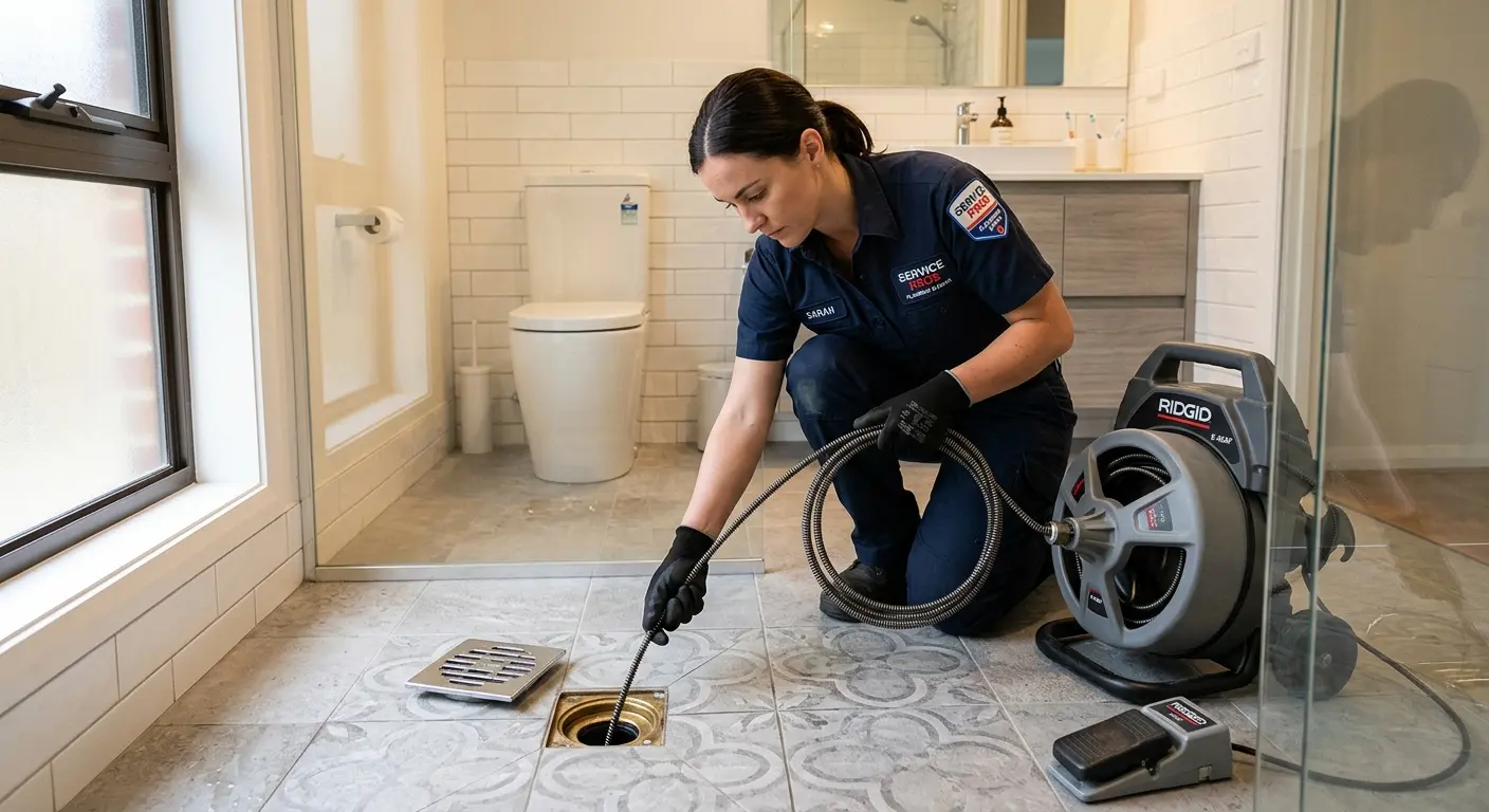 Technician clearing a bathroom floor drain for Drain Cleaning in Mattoon